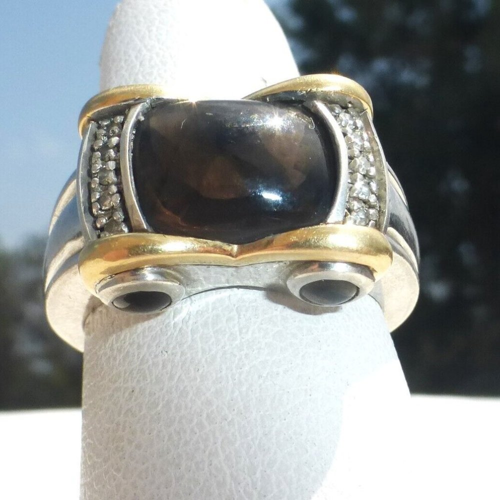 Unique 925 Sterling Silver 18k Yellow Gold Smokey Topaz 10 Diamond Ring Size 6.5